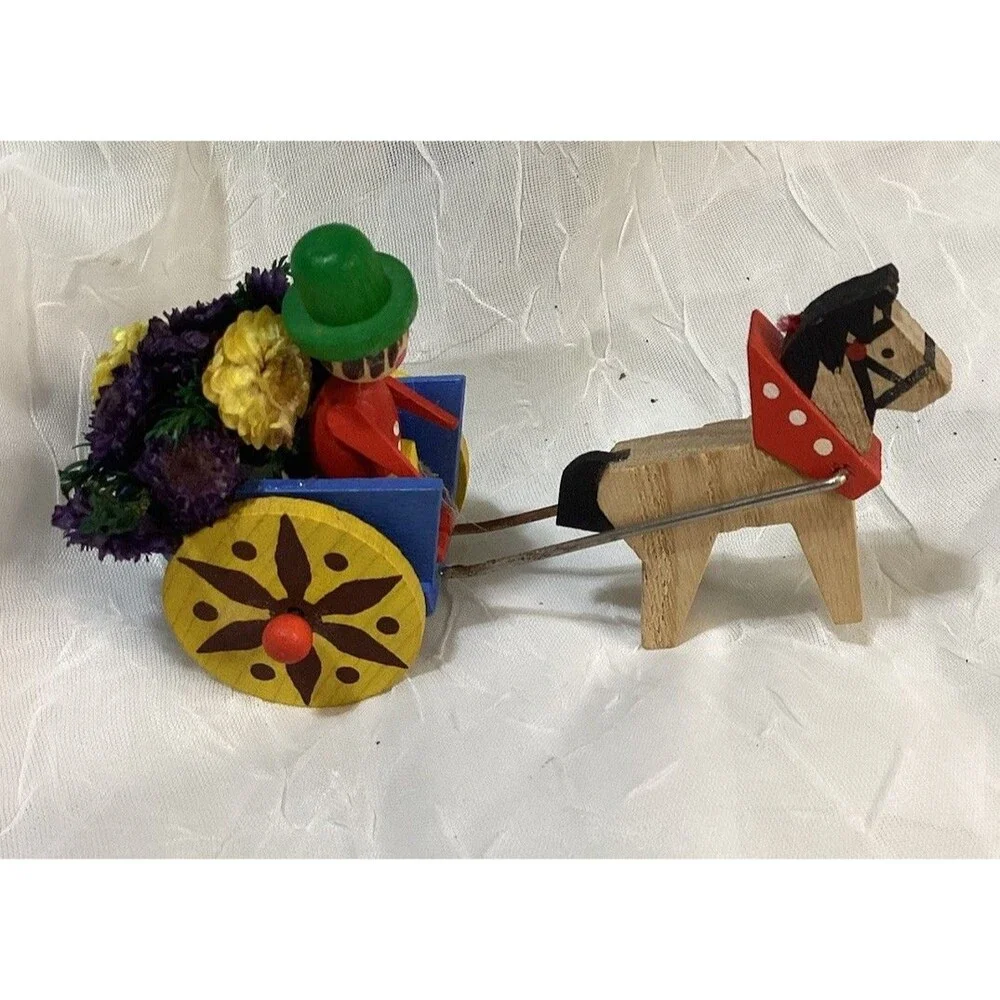 Steinbach Germany Christmas Miniature Wooden Toy Horse Driver & Flower Cart